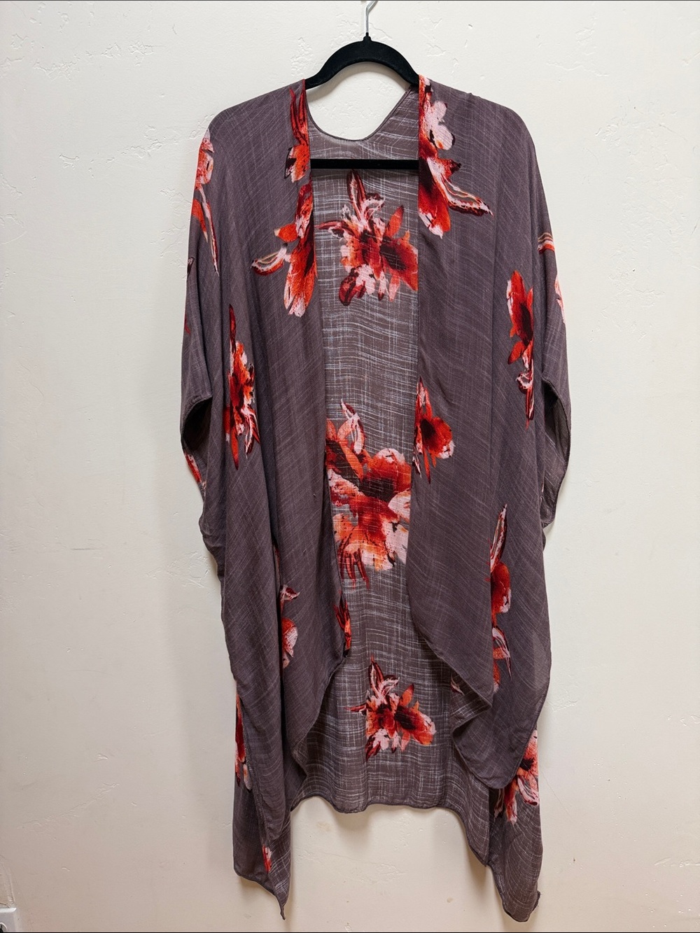 Floral Open Front Kimono Cardigan - Gray/Purple with Red Floral